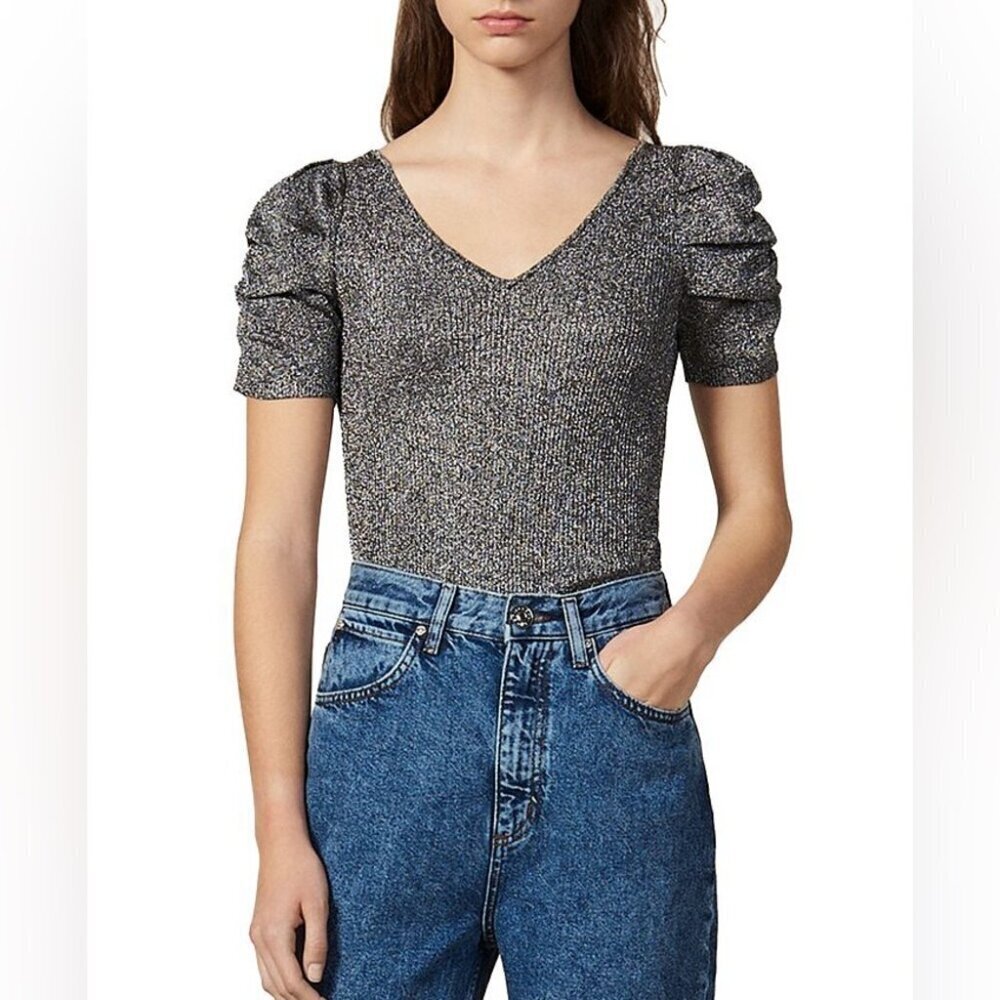 Sandro Paris Metallic Silver Puff Sleeve Knit Top V Neck Shimmer Sweater 1